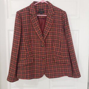 Talbots Aberdeen Red/Black/Tan Houndstooth Wool Blend 2 Button Blazer Size‎ 14